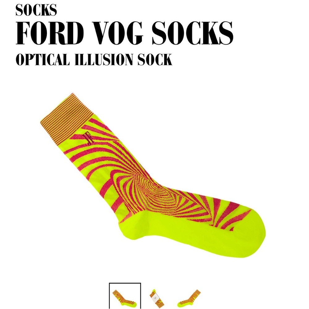 NWOT John Fluevog Ford Vog Socks - Optical Illusion Socks in Orange/Yellow. M/L